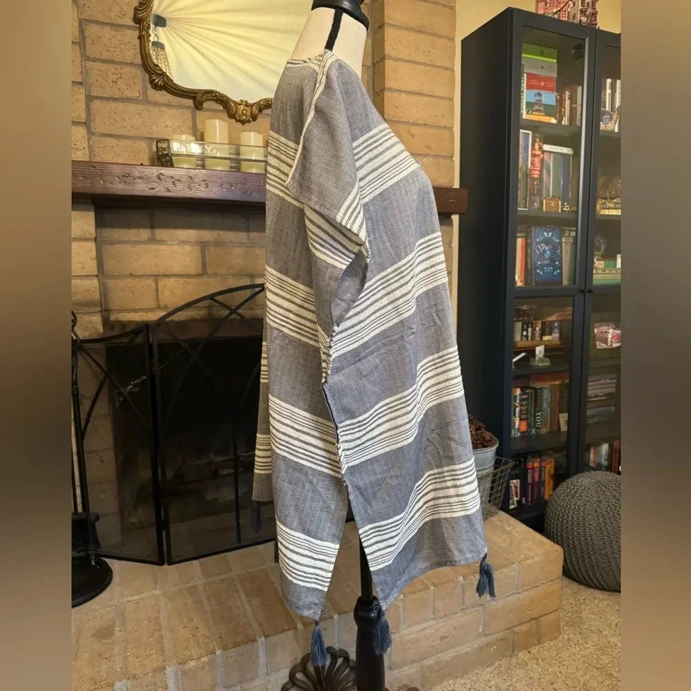 SURF GYPSY Dusty Blue & White Striped Tassel Trimmed Coverup - Size Medium